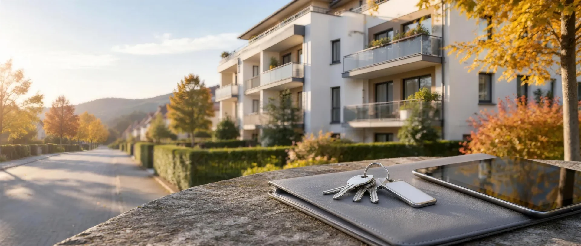 Gepflegtes Mehrfamilienhaus mit Balkonen in Südbaden, im Vordergrund Wohnungsschlüssel auf einer Mappe neben einem Tablet