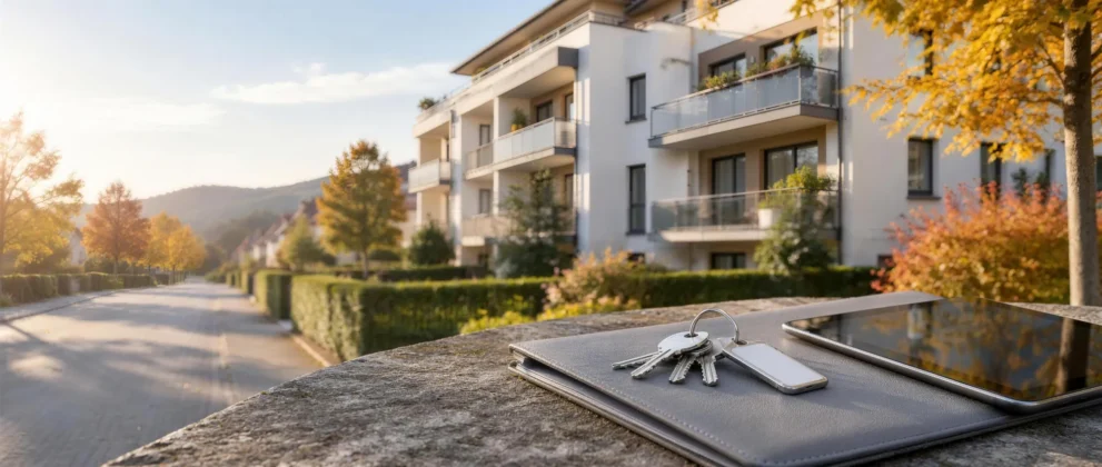 Gepflegtes Mehrfamilienhaus mit Balkonen in Südbaden, im Vordergrund Wohnungsschlüssel auf einer Mappe neben einem Tablet